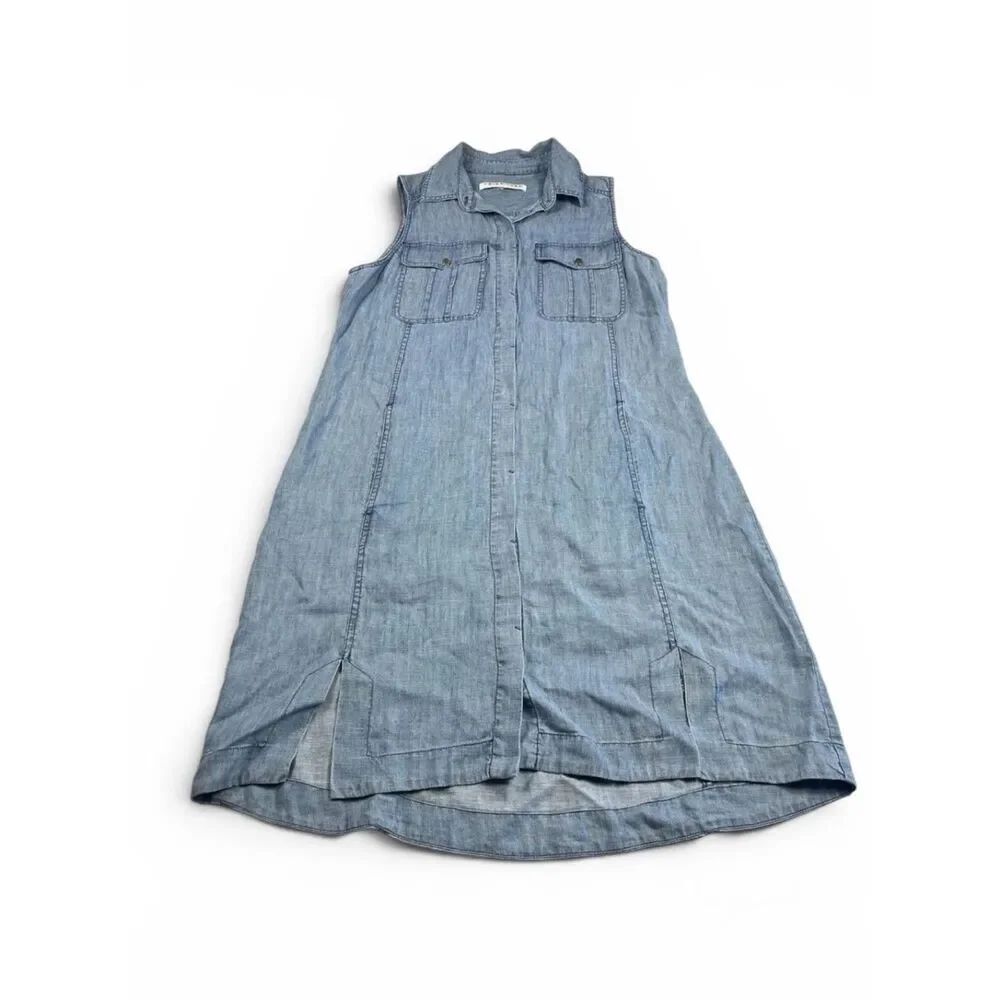 Trina Turk Chambray Linen Button Down Dress Blue Sleeveless Resort Casual SMALL